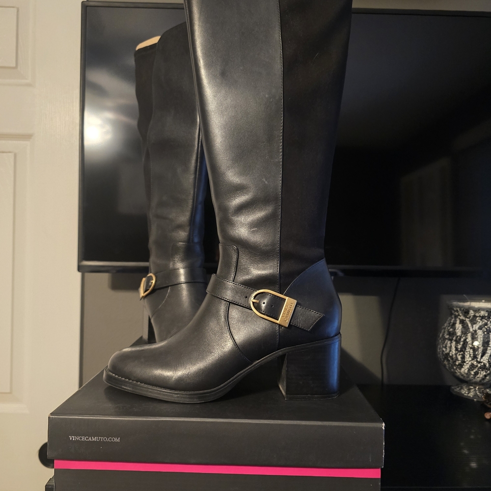 Vince CamutoWide Shaft Black Heeled Boots with Gold Buckle